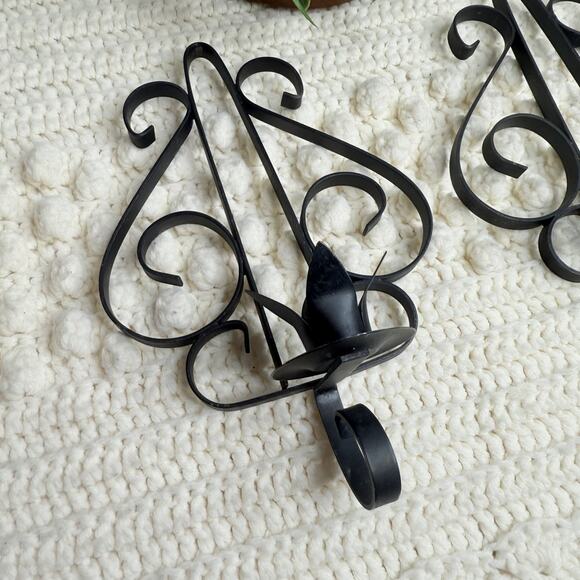 VINTAGE 2 Pc Set Gothic Wrought Iron Wall Sconces Candlestick Black Traditional - Picture 2 of 8